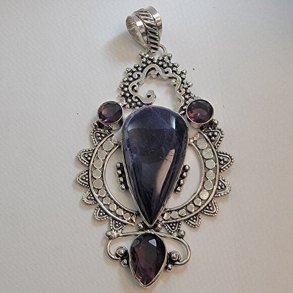 Necklace Pendants Iolite & Amethyst Handmade Jewelry in Sterling Silver Design - Picture 2 of 10
